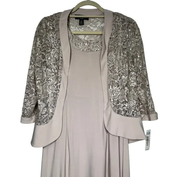 R&M Richards Womens 2 Piece Ruffled Lace Jacket & Dress Champagne Size 6P - Picture 2 of 16